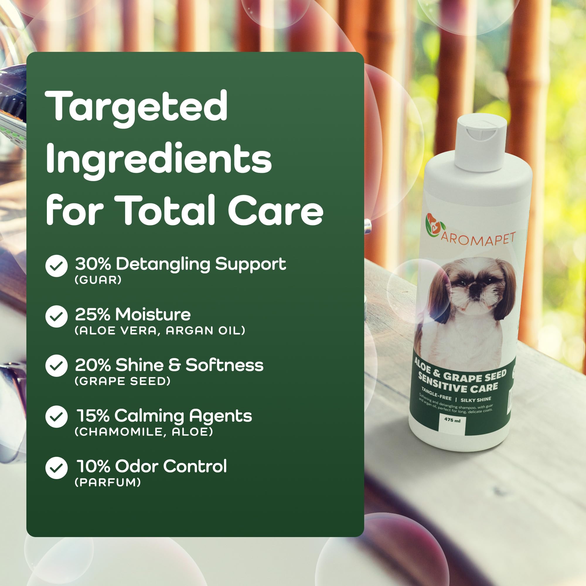 AROMAPET Sensitive Care on a dog coat after washing shows gloss and detangling.