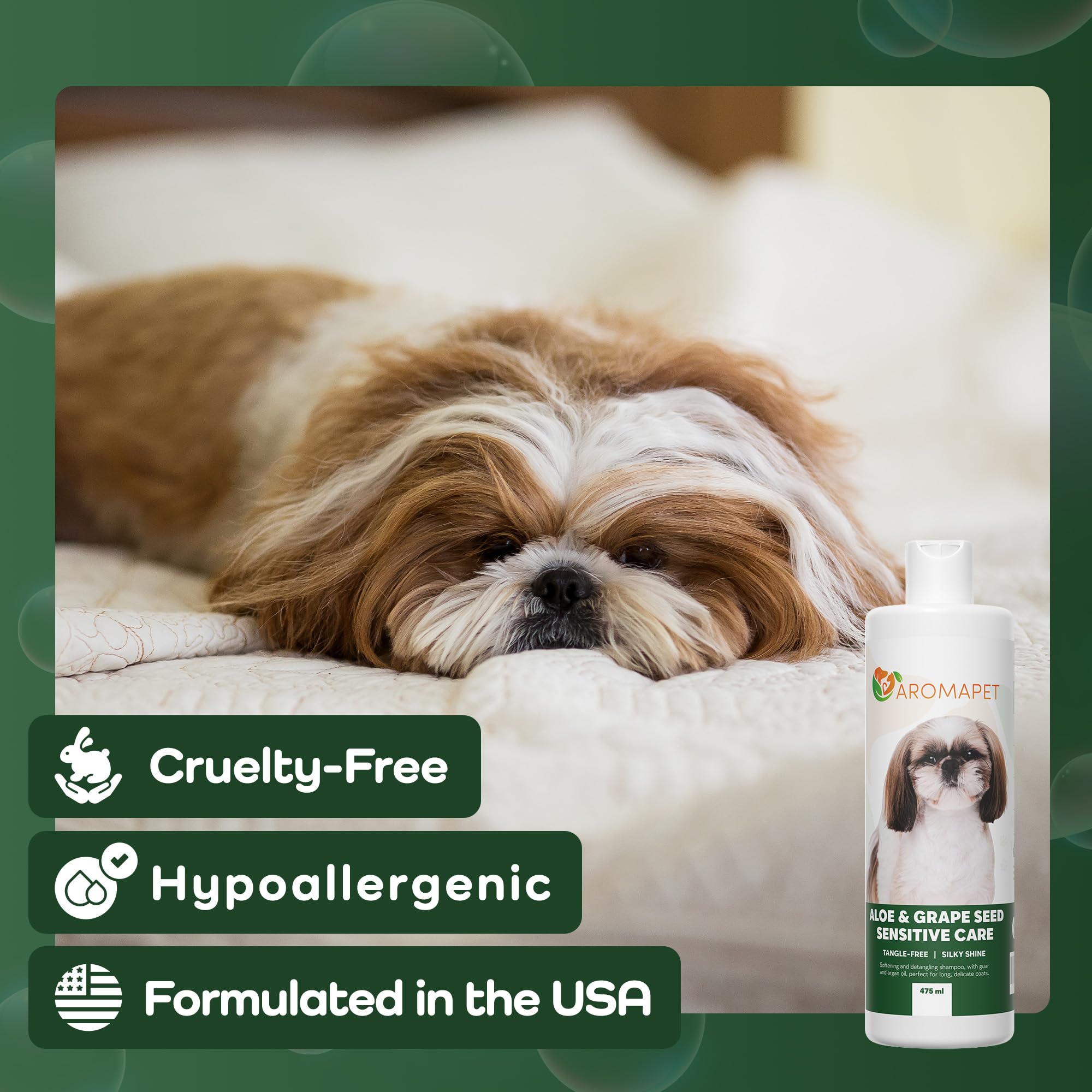 AROMAPET Sensitive Care cruelty-free badge emphasizes ethical grooming.