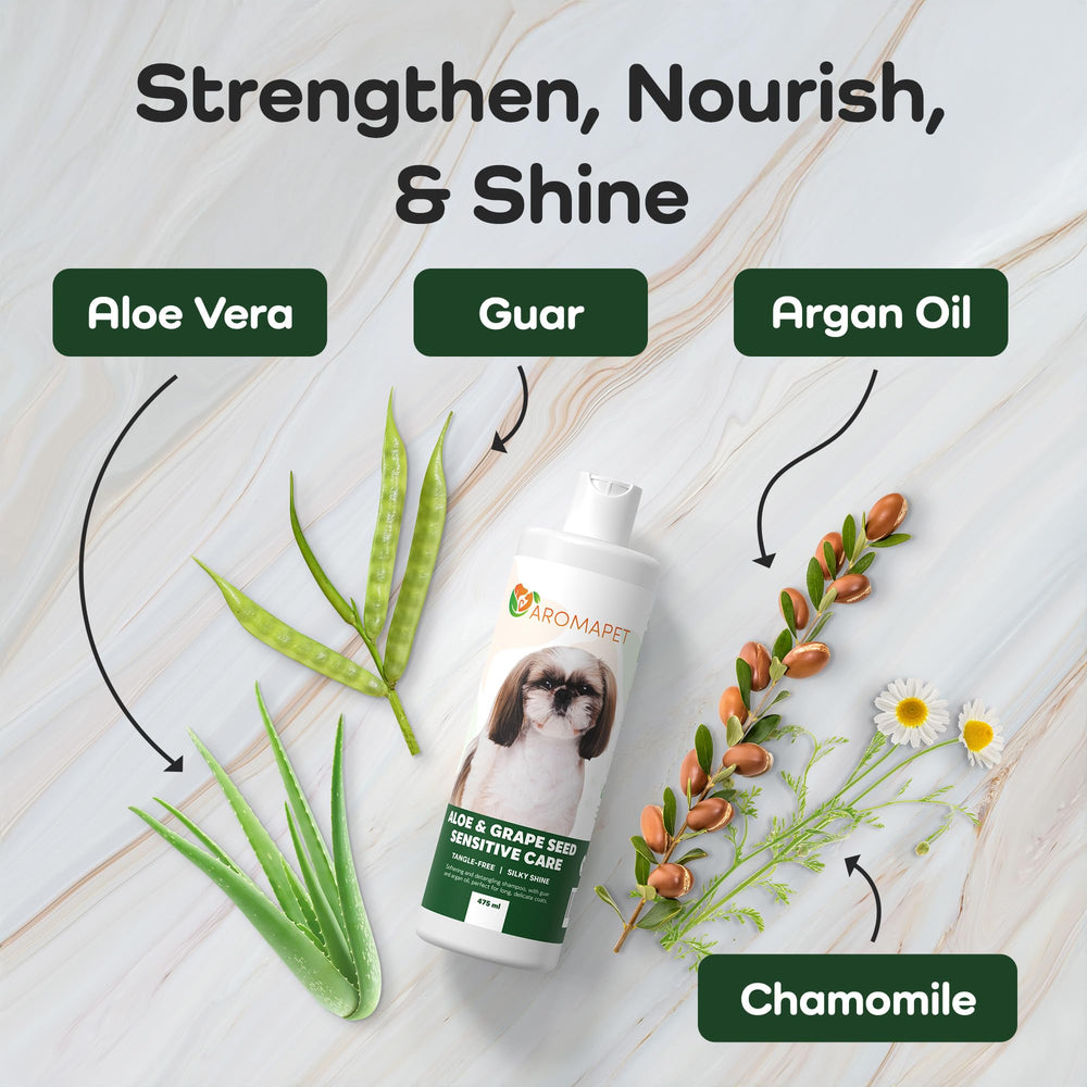 AROMAPET Sensitive Care bottle highlights deodorizing scent for lasting freshness.