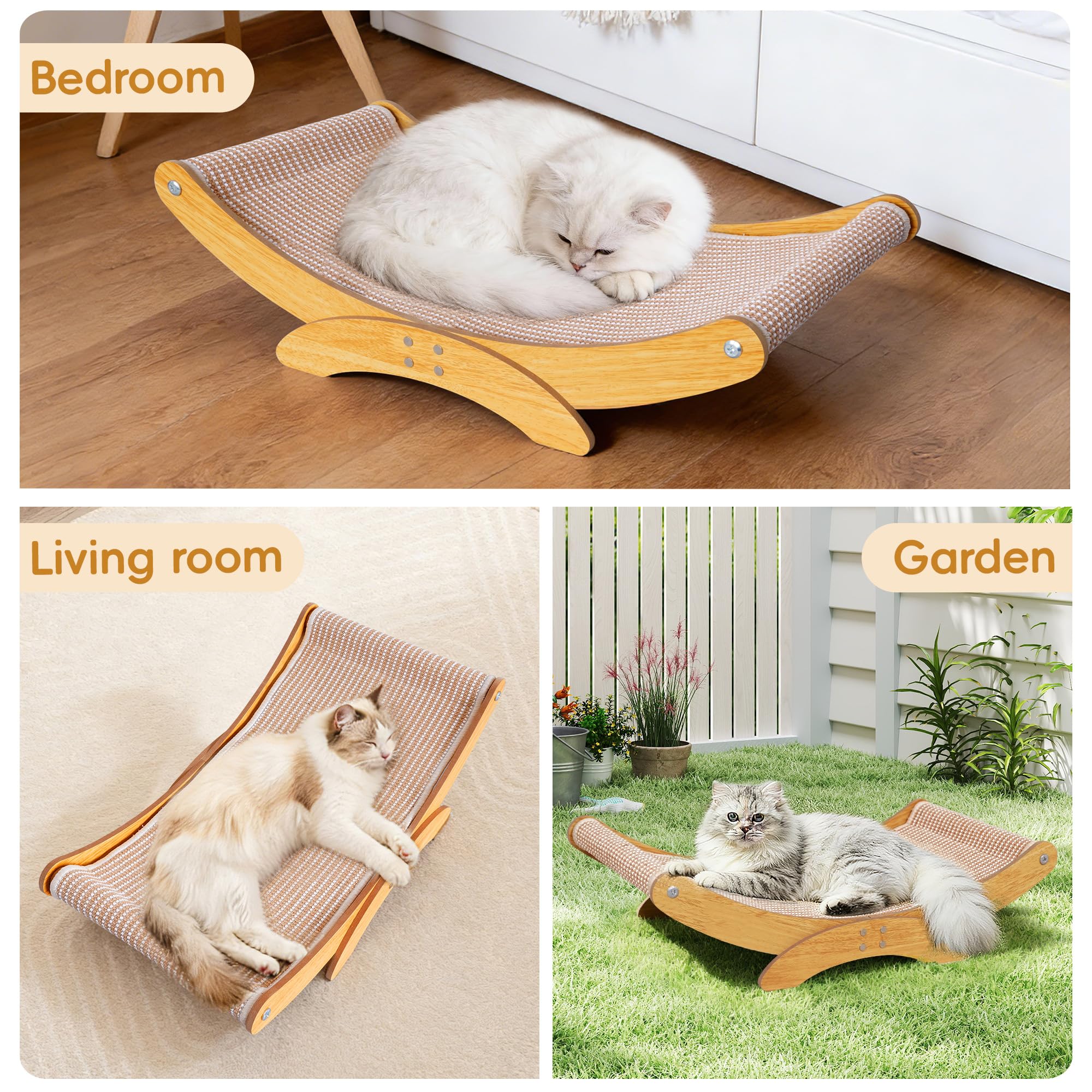 AROPEME cat scratcher bed emphasizes ergonomic curved shape for secure sleep.
