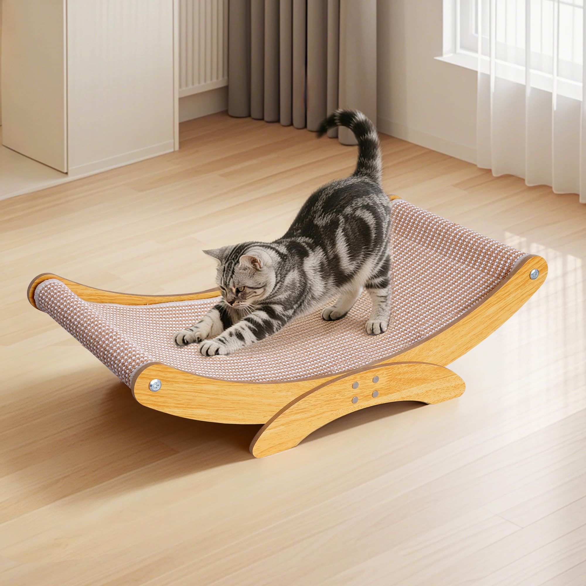 AROPEME cat scratcher bed uses natural sisal and wood for odor-free materials.