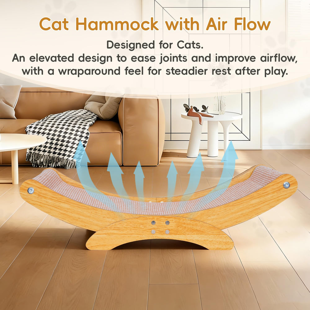 AROPEME cat scratcher bed shows wooden frame and non-slip base for stable play.