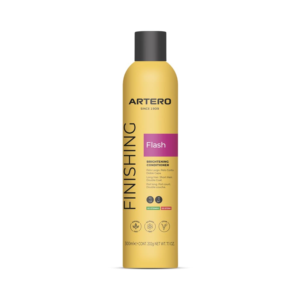 Artero Flash Shine bottle demonstrates quick detangling and frizz control for pets.