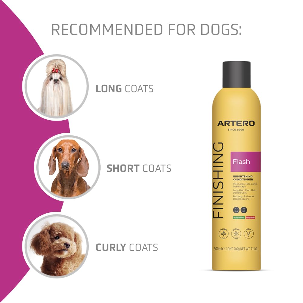 Artero Flash Shine on a dog's coat delivers detangling and radiant shine.