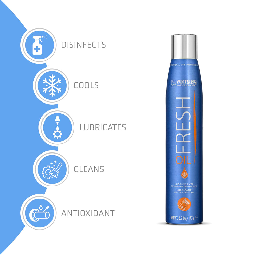 Artero Oil Fresh cleans clipper blades to remove dirt and residue.