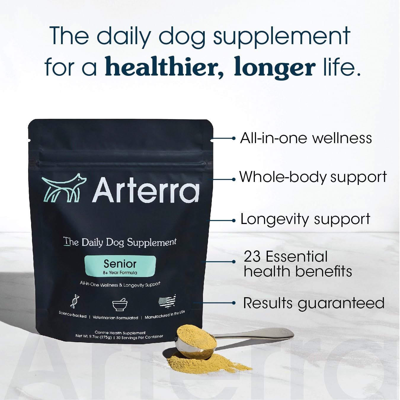 Arterra Senior Dog Powder in a dog food bowl shows convenient meal topper for meals.