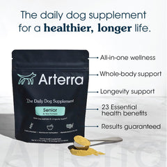 Arterra Senior Dog Powder in a dog food bowl shows convenient meal topper for meals.