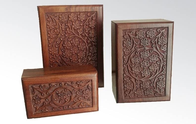 ARTISENIA engraved wood urn surface with subtle artistry