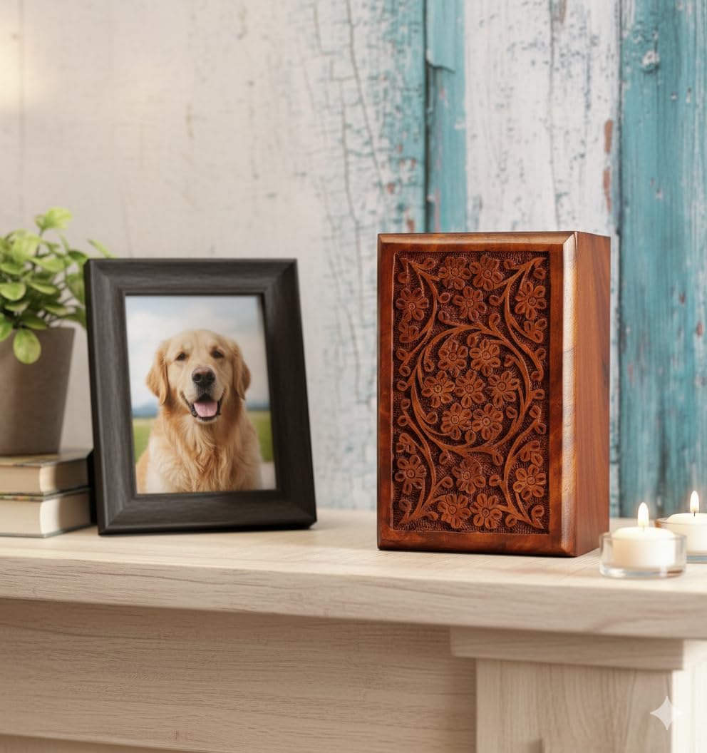 ARTISENIA wooden pet memorial urn, side view highlighting durable construction