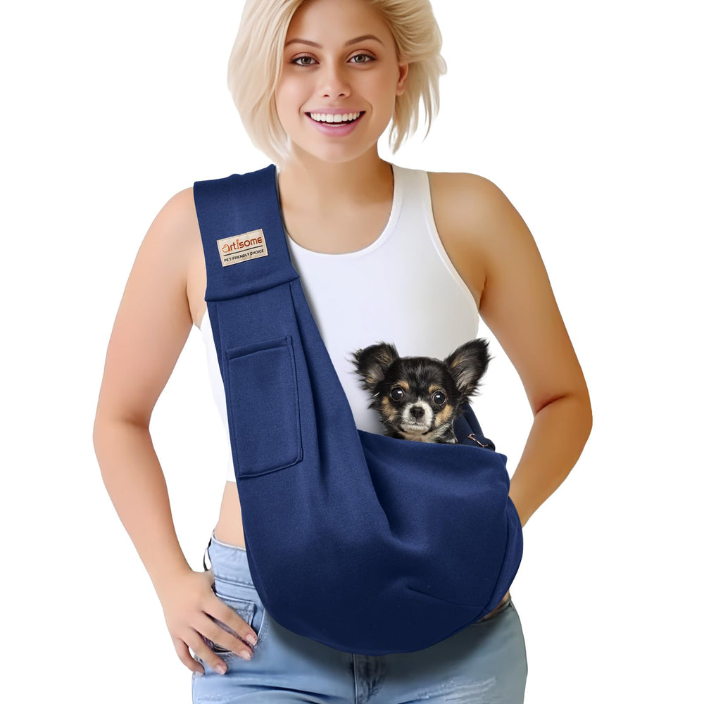 Artisome pet sling front view in dark blue with convenient front pocket for essentials.