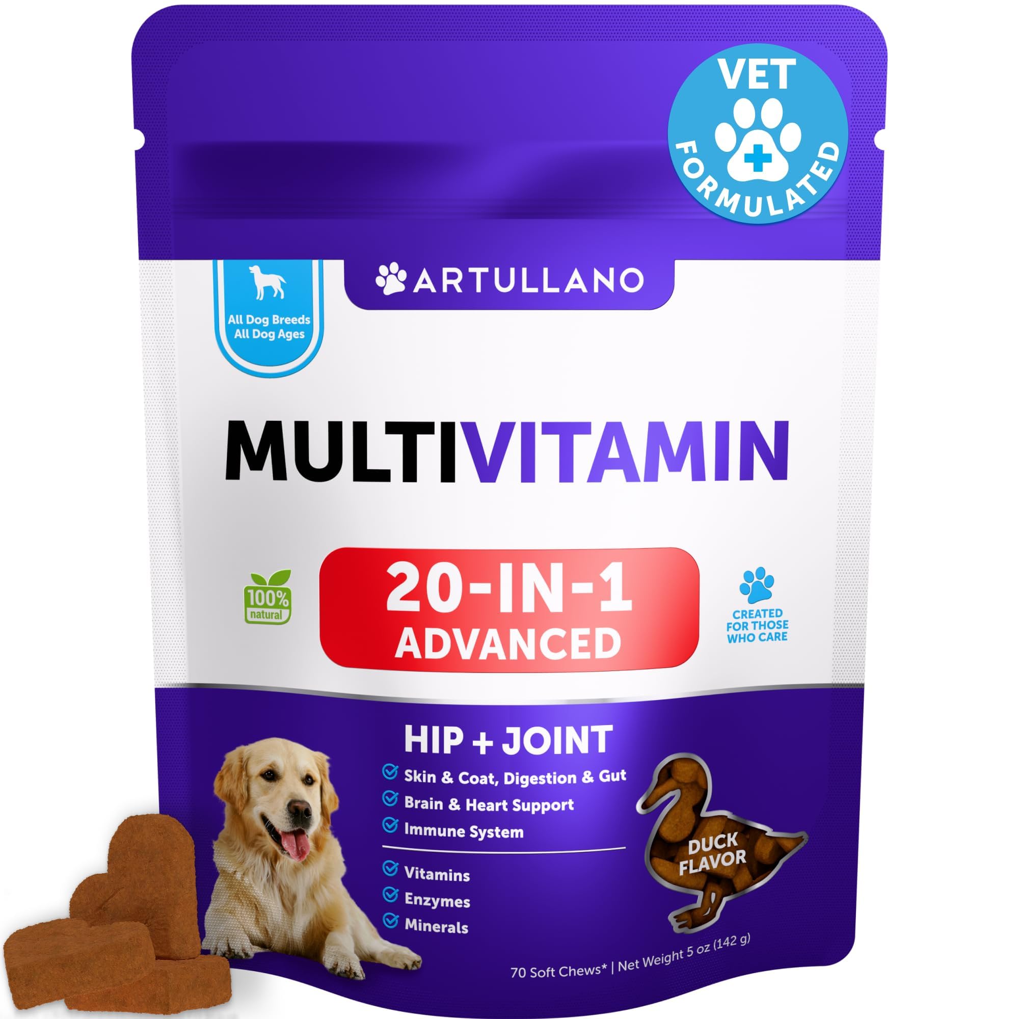 Artullano 20-in-1 dog multivitamin packaging with label and dosage guidance