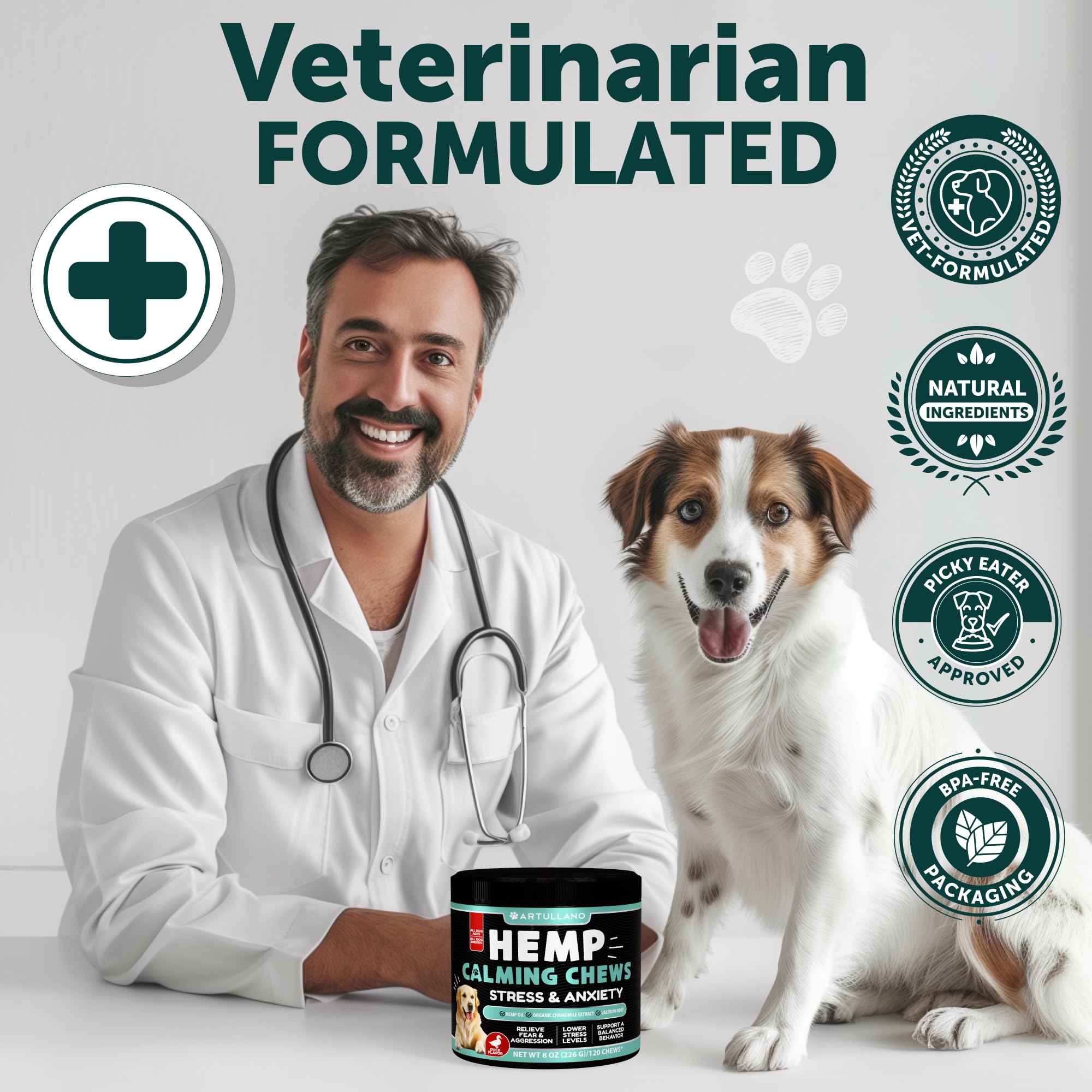 Artullano calming chews shop display appeals to dog owners seeking natural relief