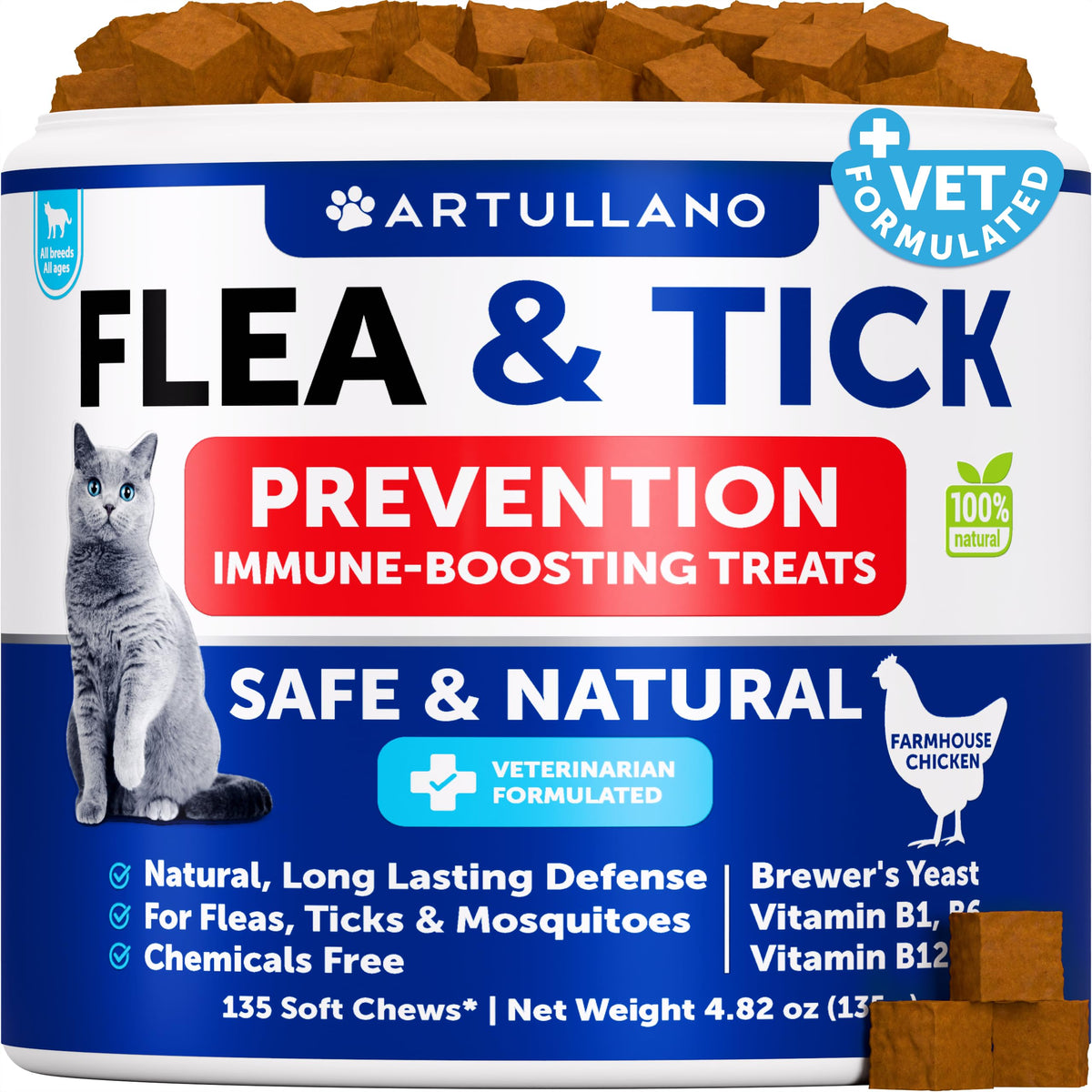 Artullano cat flea chews packaging highlights easy daily routine for cat comfort