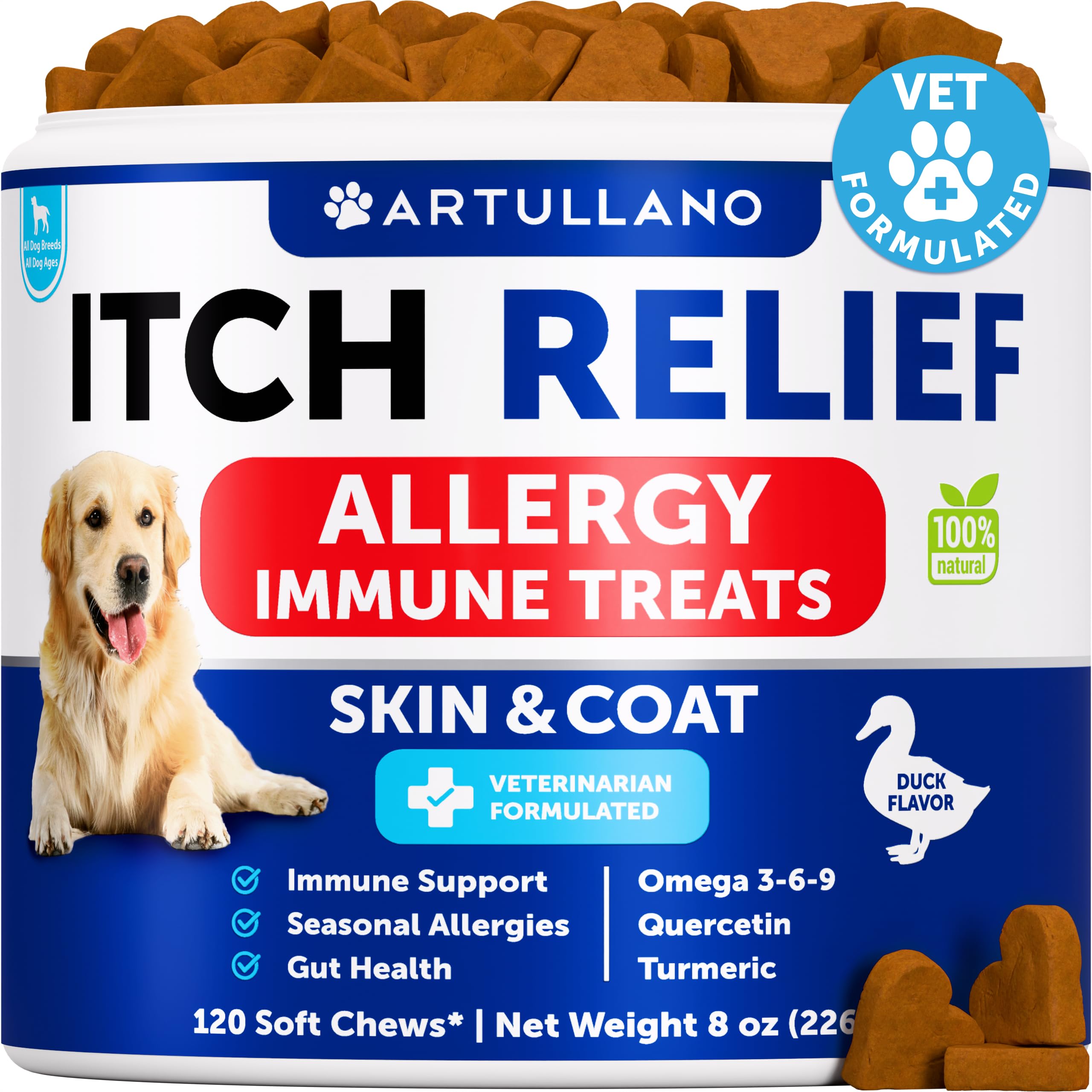Artullano dog allergy relief chews bottle pour: easy dosing for potential itch relief.