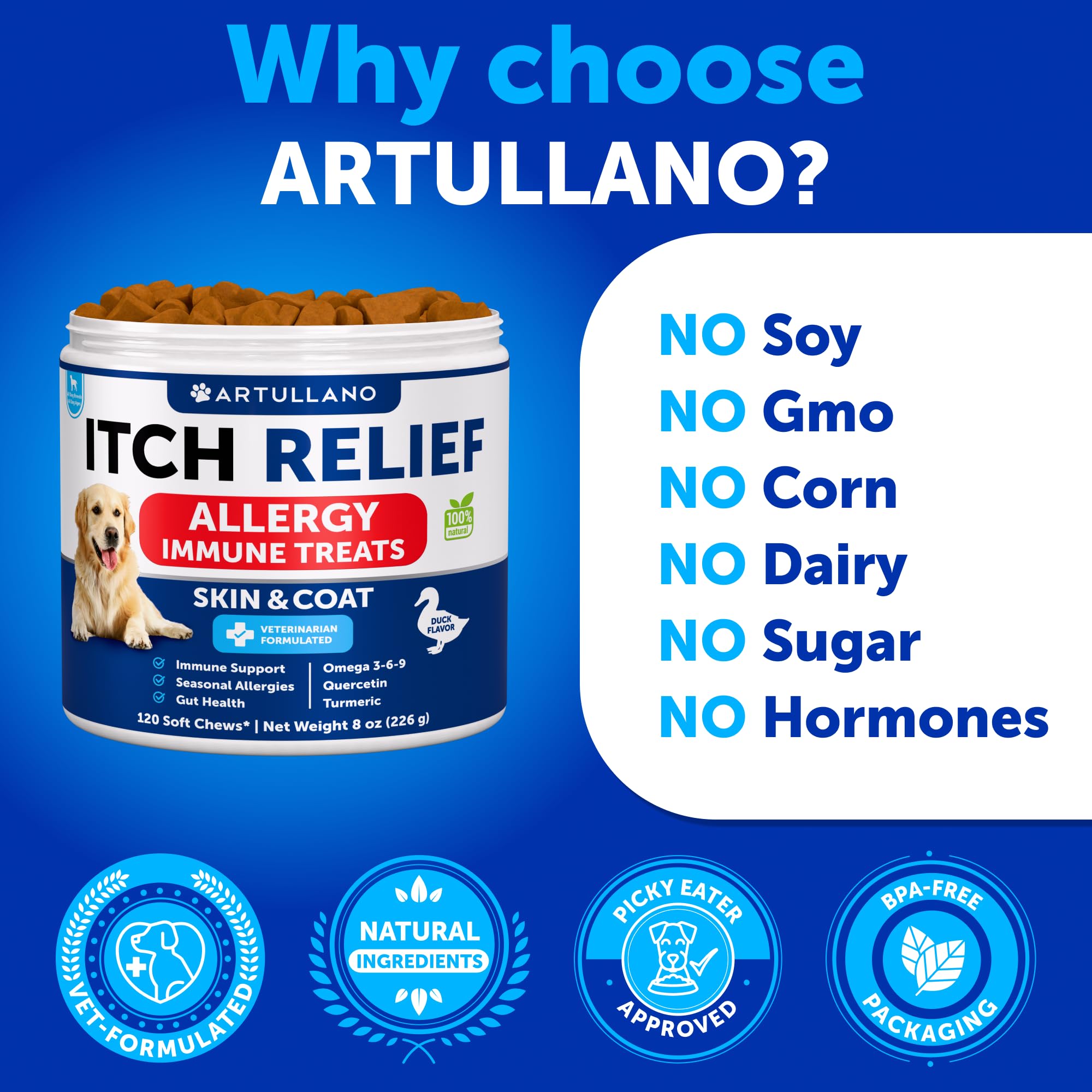 Artullano dog allergy relief chews colostrum: gentle skin comfort and digestion friendly aid.