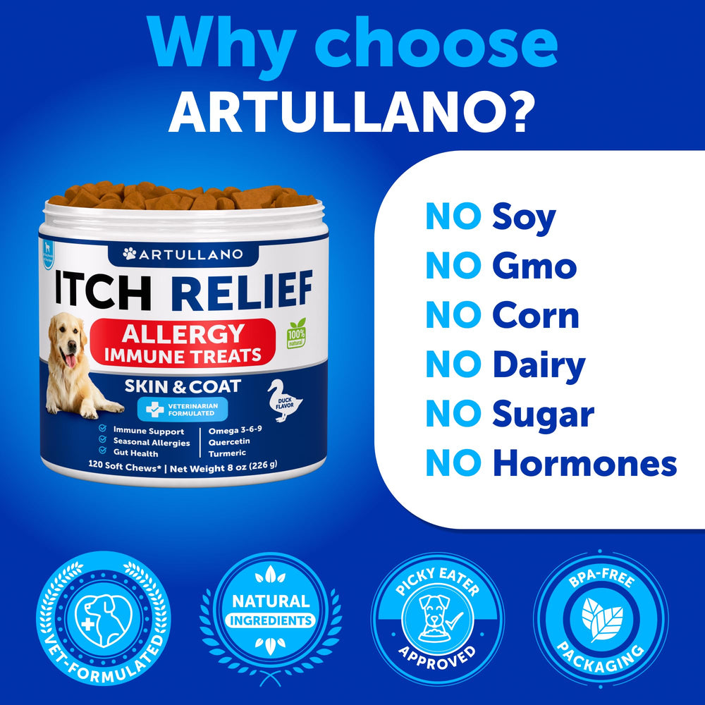 Artullano dog allergy relief chews colostrum: gentle skin comfort and digestion friendly aid.