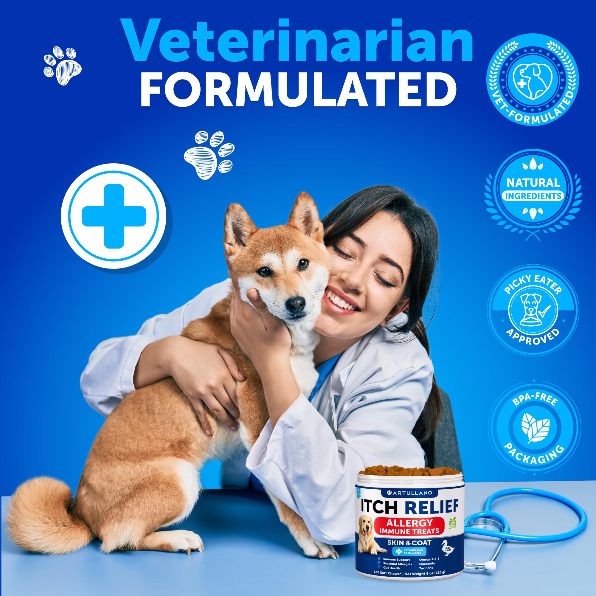 Artullano dog allergy relief chews hot spots: targeted relief for irritated skin areas.
