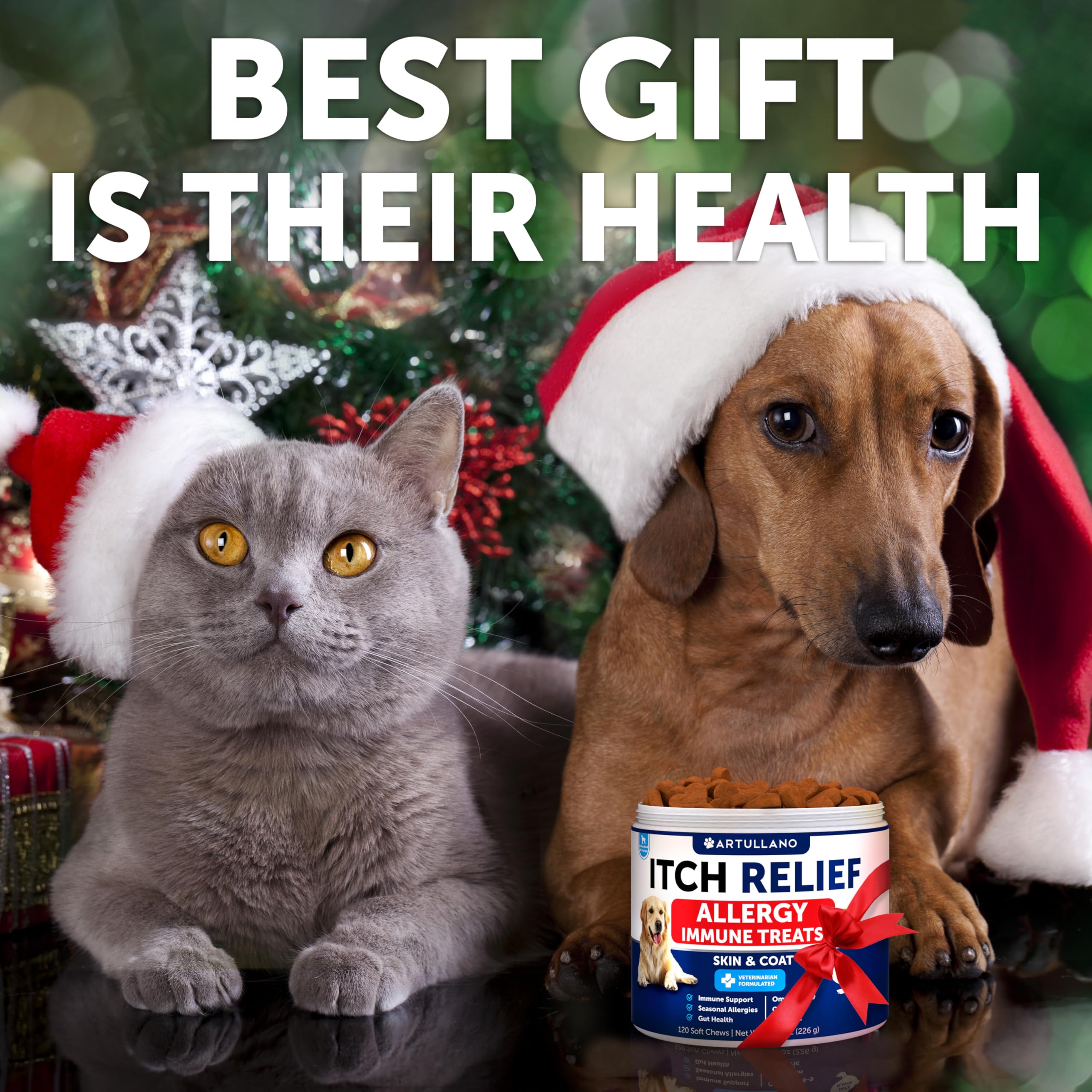 Artullano dog allergy relief chews treats closeup: tasty formula supporting skin & coat health.