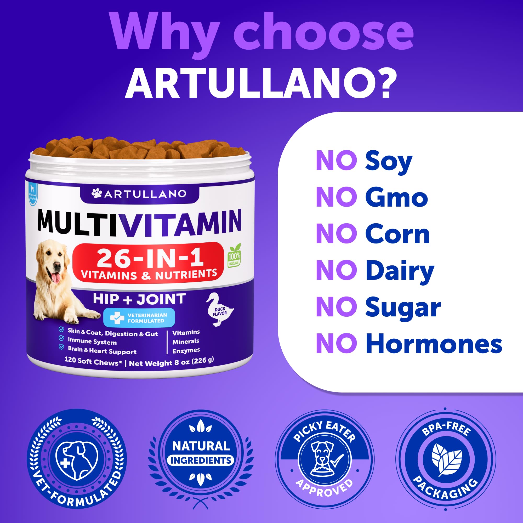 Artullano dog probiotics label highlights gut health support for digestion comfort