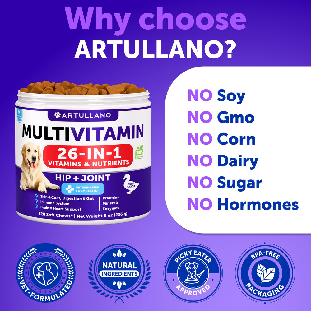 Artullano dog probiotics label highlights gut health support for digestion comfort