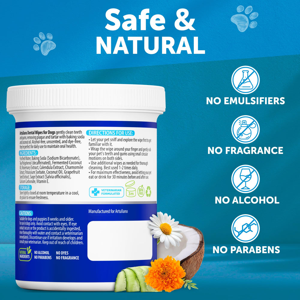 Artullano Dog Teeth Wipes gum health support through gentle cleaning.