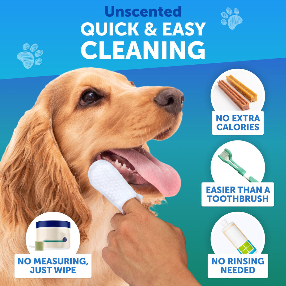 Artullano Dog Teeth Wipes plaque-removal action visual suggests cleaner teeth.