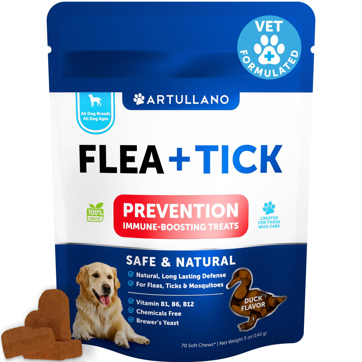 Artullano duck-flavored flea and tick chews for dogs on a pack, daily protection option