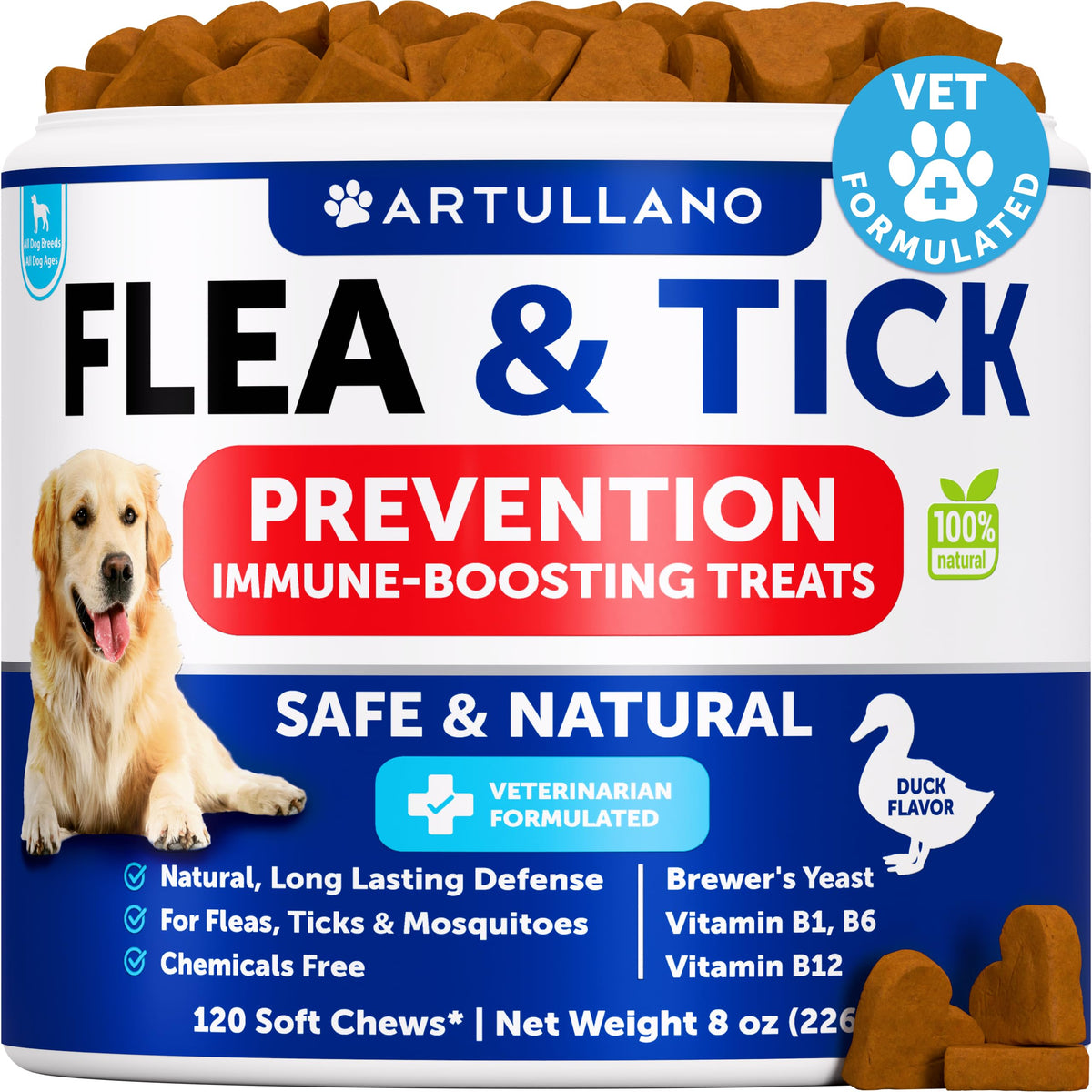 Artullano flea tick chews duck flavor close-up for dogs.