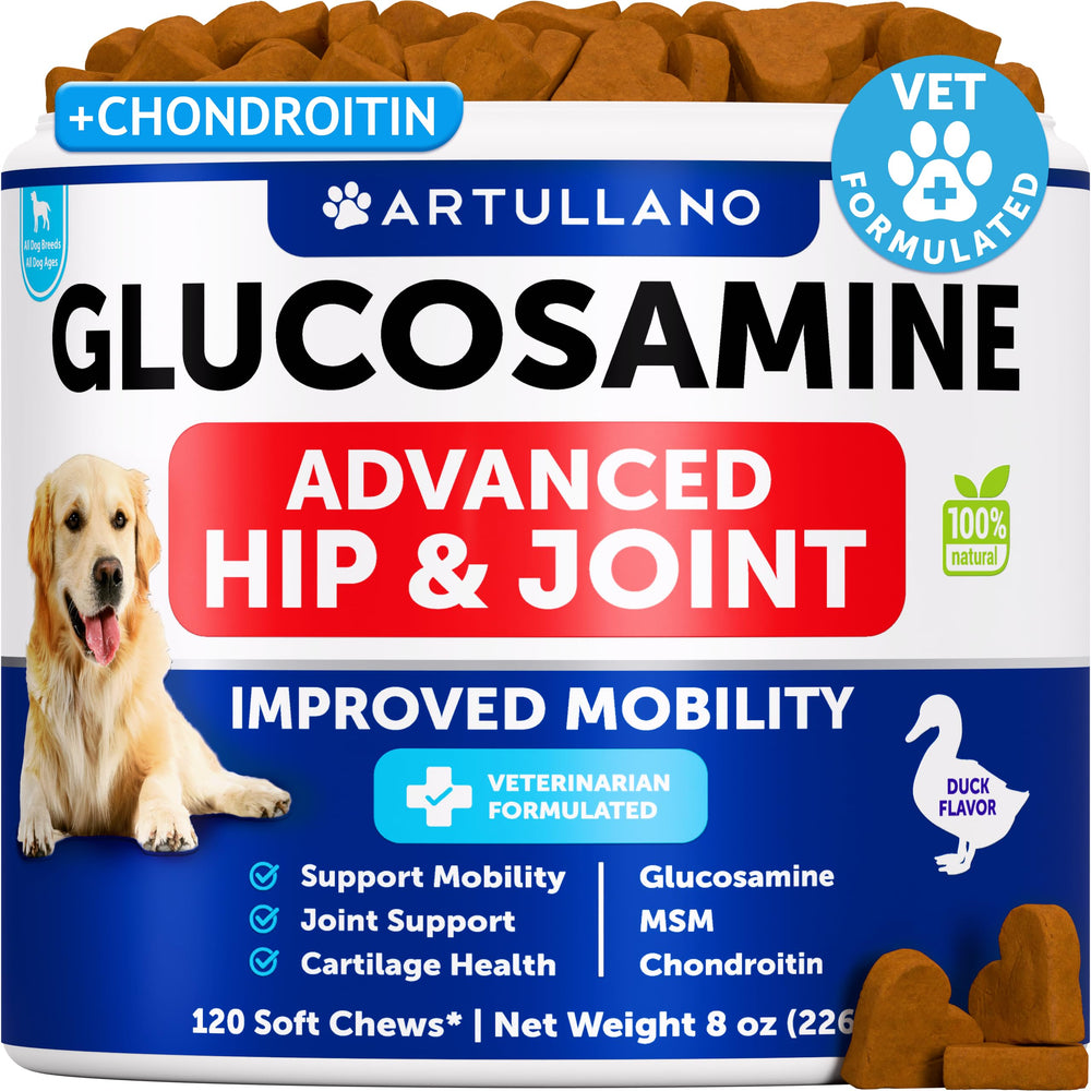 Artullano Glucosamine for Dogs bottle-front offers chewable joint support for active pets.