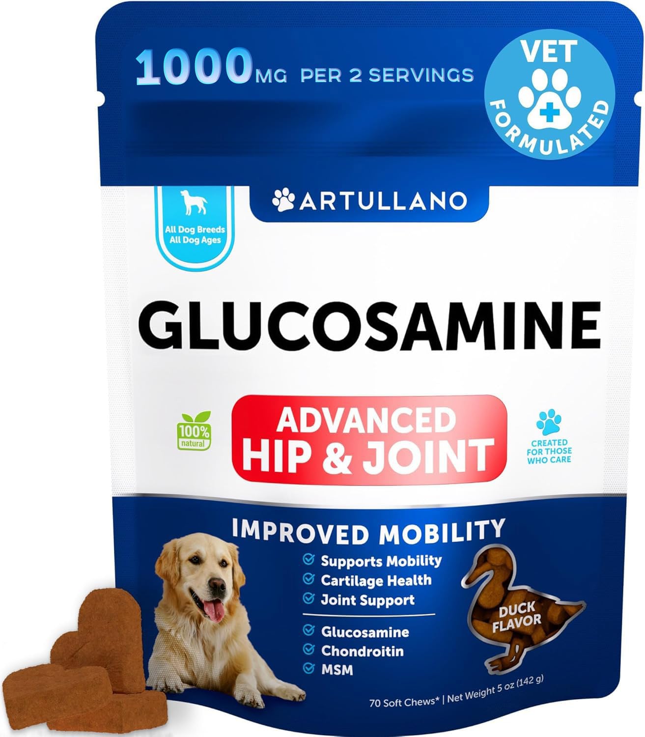 Artullano glucosamine dog hip-joint chews for joint support.