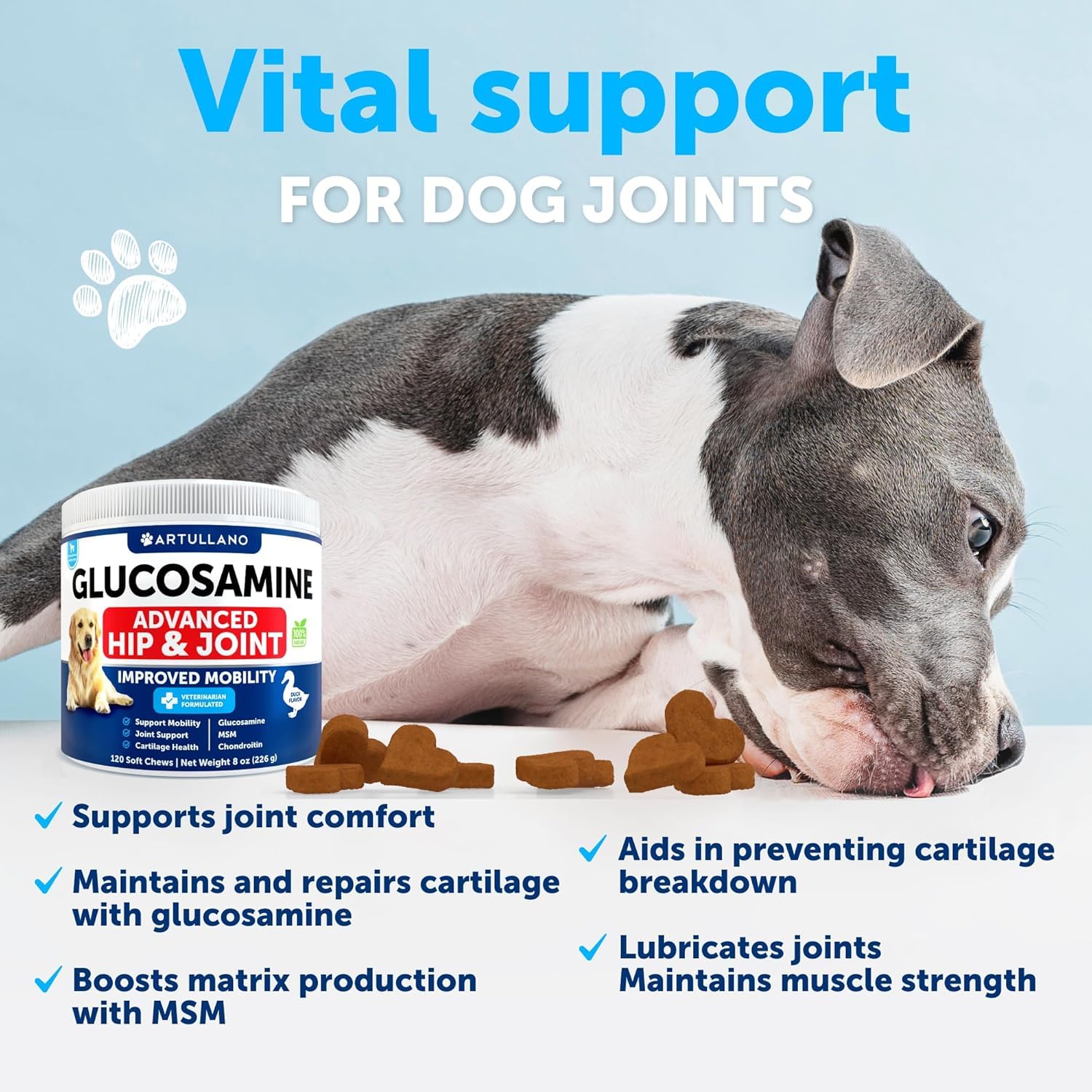 Artullano Glucosamine for Dogs open-bag reveals 120 soft treats for ongoing support.