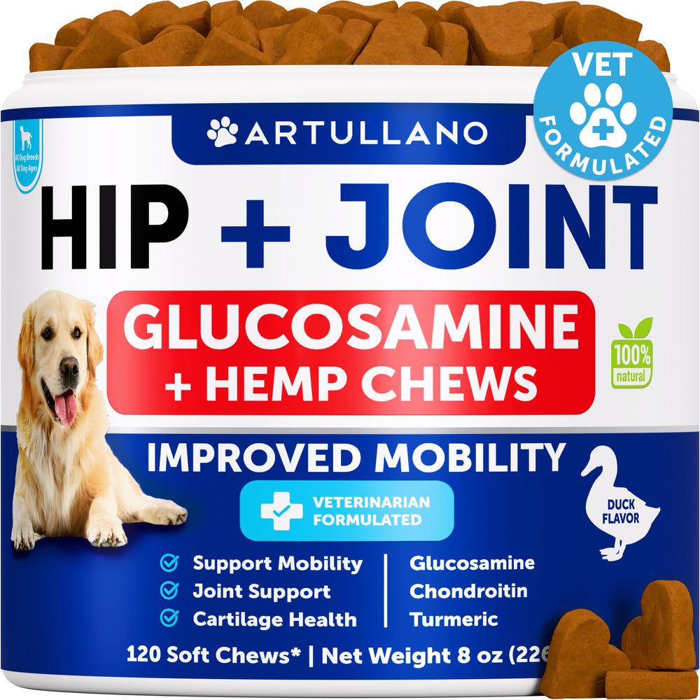 Artullano hemp hip joint dogs bottle promoting mobility support for active pets.