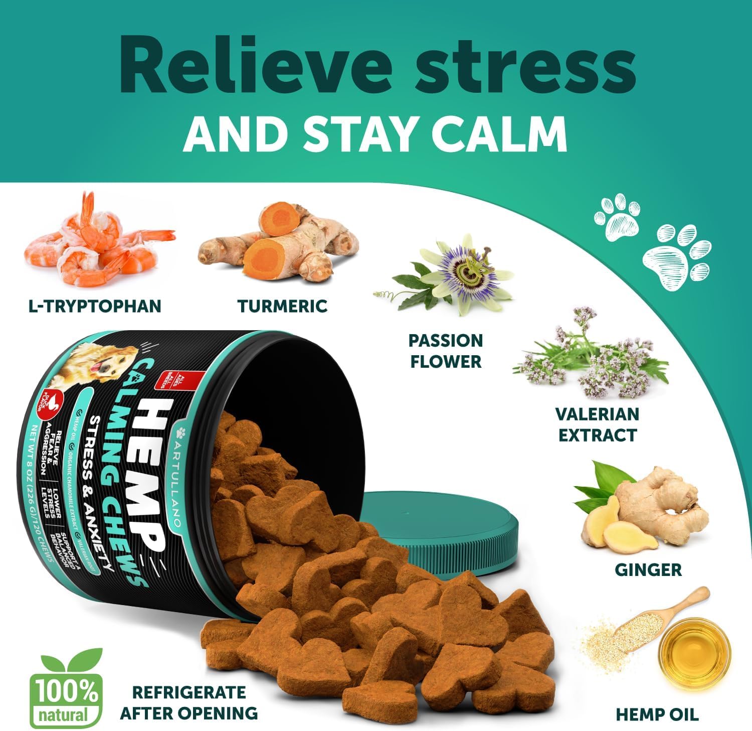 Artullano packaging display illustrates easy shelf visibility for natural calming chews