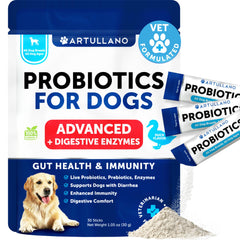 Artullano probiotic powder for dogs bottle front highlights daily gut health support.