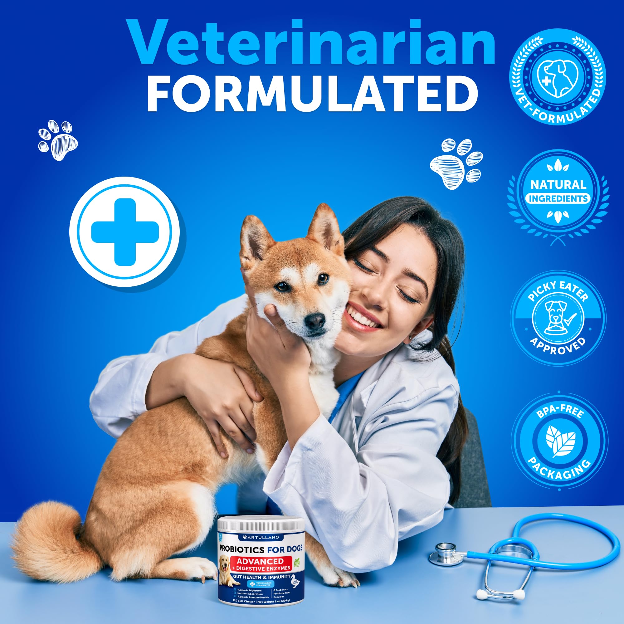 Artullano Probiotics for Dogs 120 chews provide convenient daily supplementation.