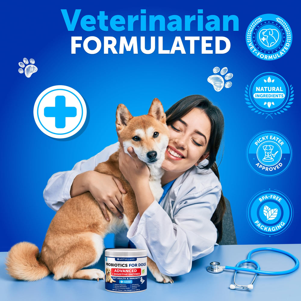 Artullano Probiotics for Dogs 120 chews provide convenient daily supplementation.