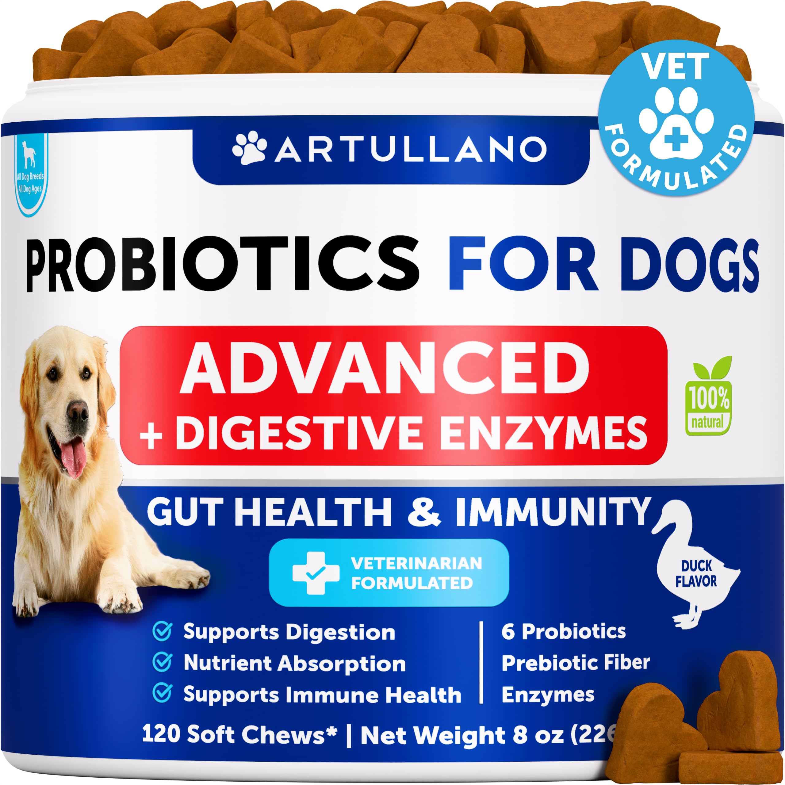 Artullano Probiotics for Dogs bottle and chews promoting gut health benefits.