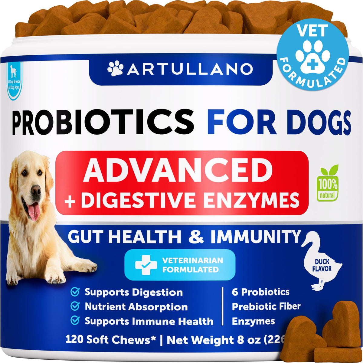 Artullano Probiotics for Dogs bottle and chews promoting gut health benefits.