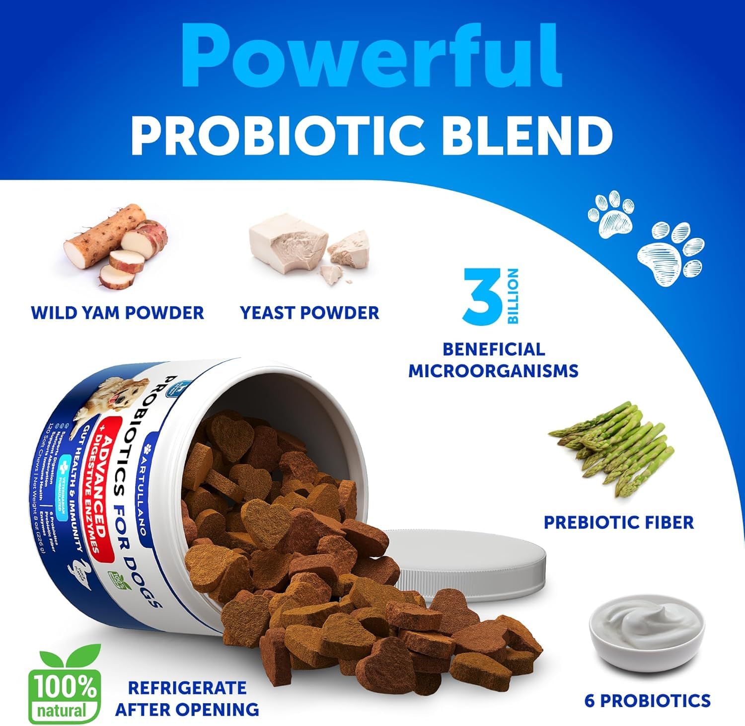 Artullano Probiotics for Dogs bottle beside bowl for daily digestive support.