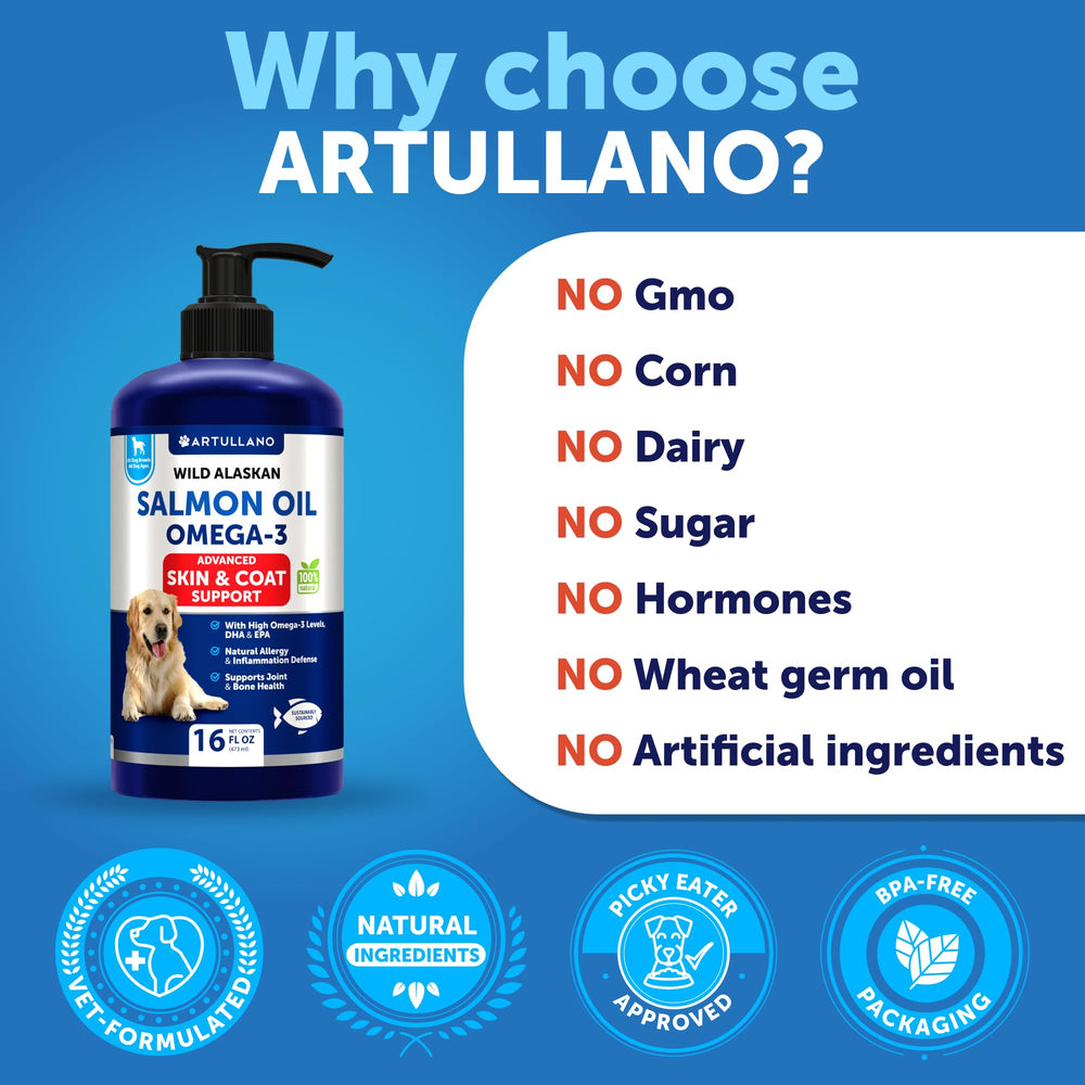 Artullano Salmon Oil for Dogs dosage guide communicates simple, consistent serving amounts.