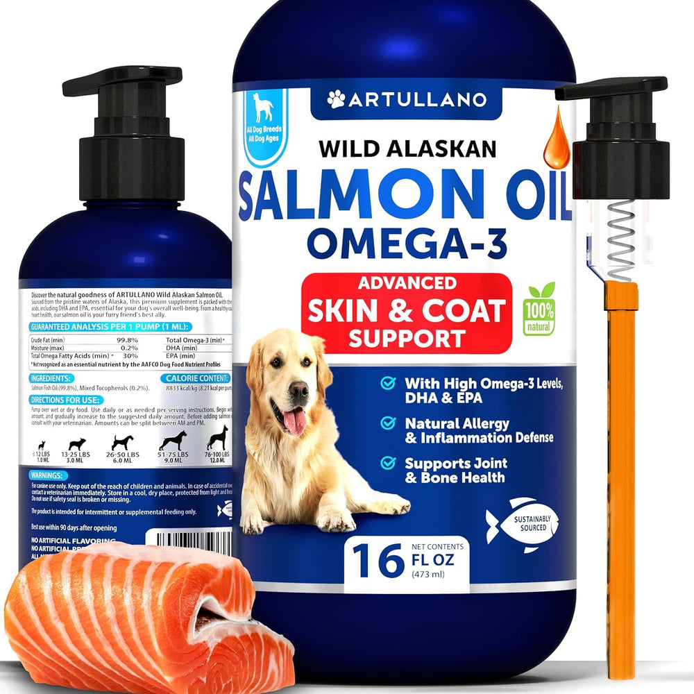 Artullano Salmon Oil for Dogs bottle promotes a glossy coat and healthy skin.