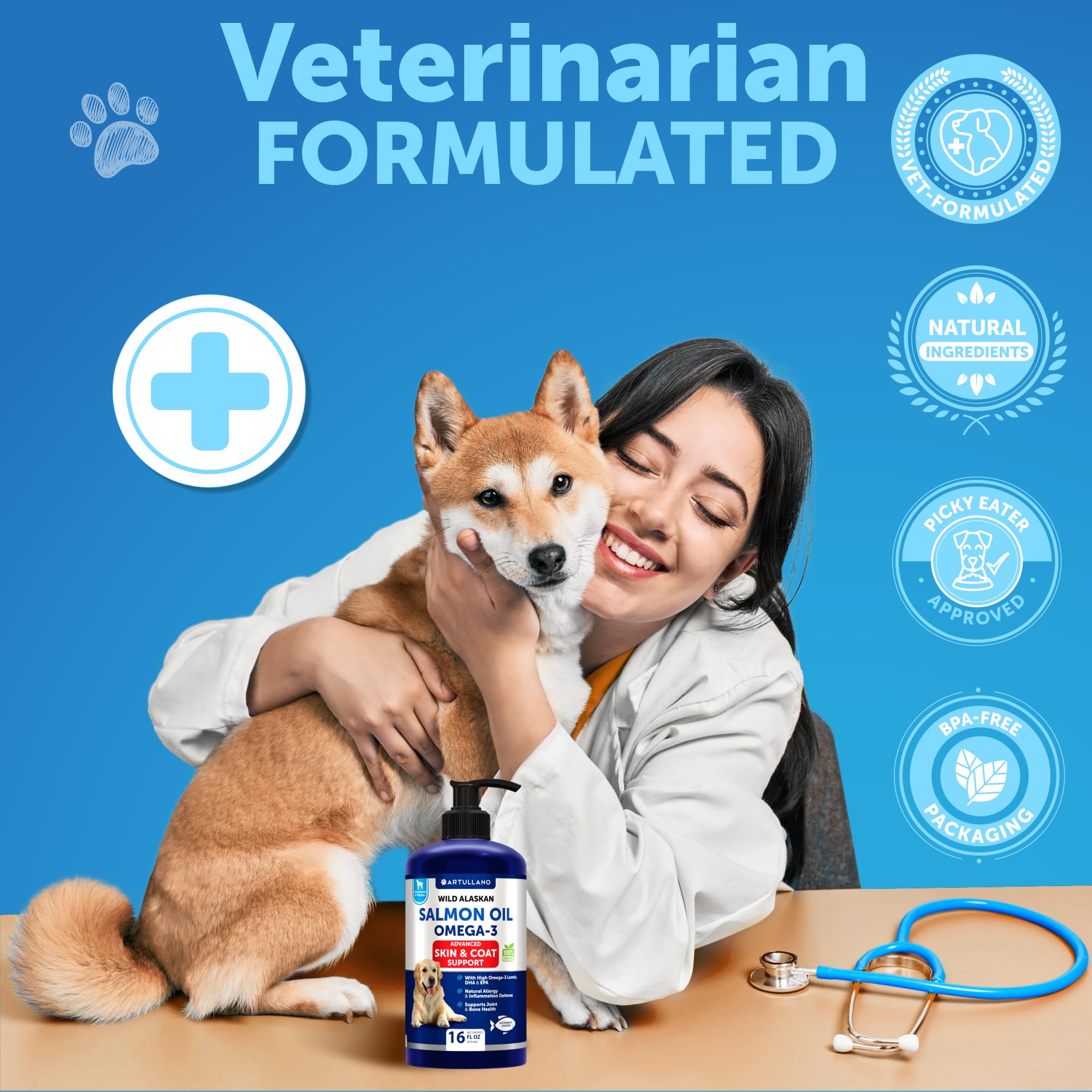 Artullano Salmon Oil for Dogs storage bottle illustrates proper, cool storage after opening.