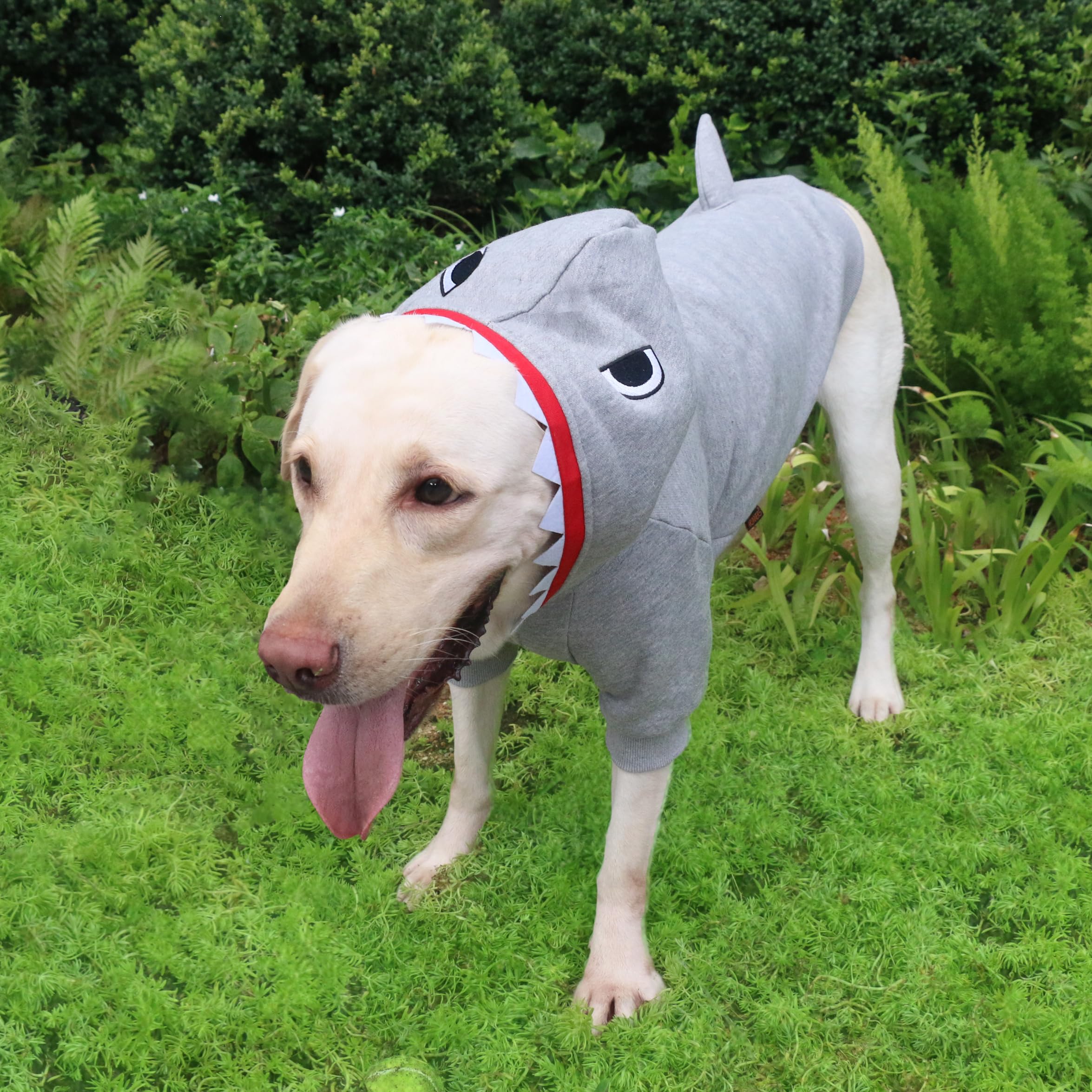 ARUNNERS shark costume closeup showing durable stitching for long walks