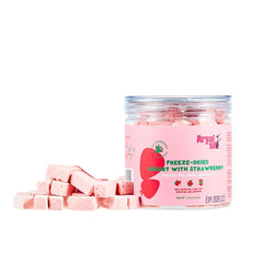 Arya Sit! strawberry yogurt goat milk treats jar close-up showing fresh flavor and probiotic potential.