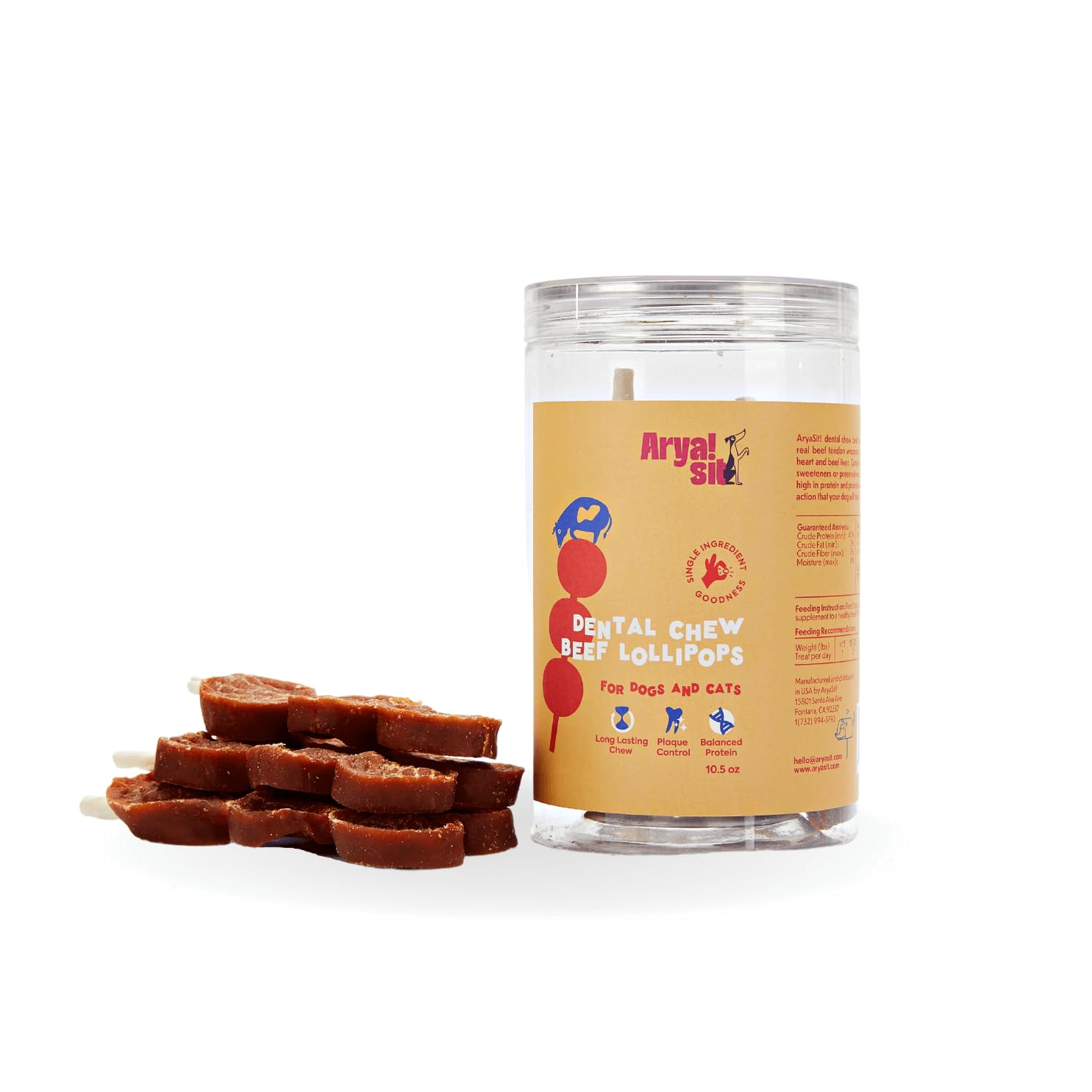 Arya Sit! beef lollipops jar showing portable, fresh treats for on-the-go snacking