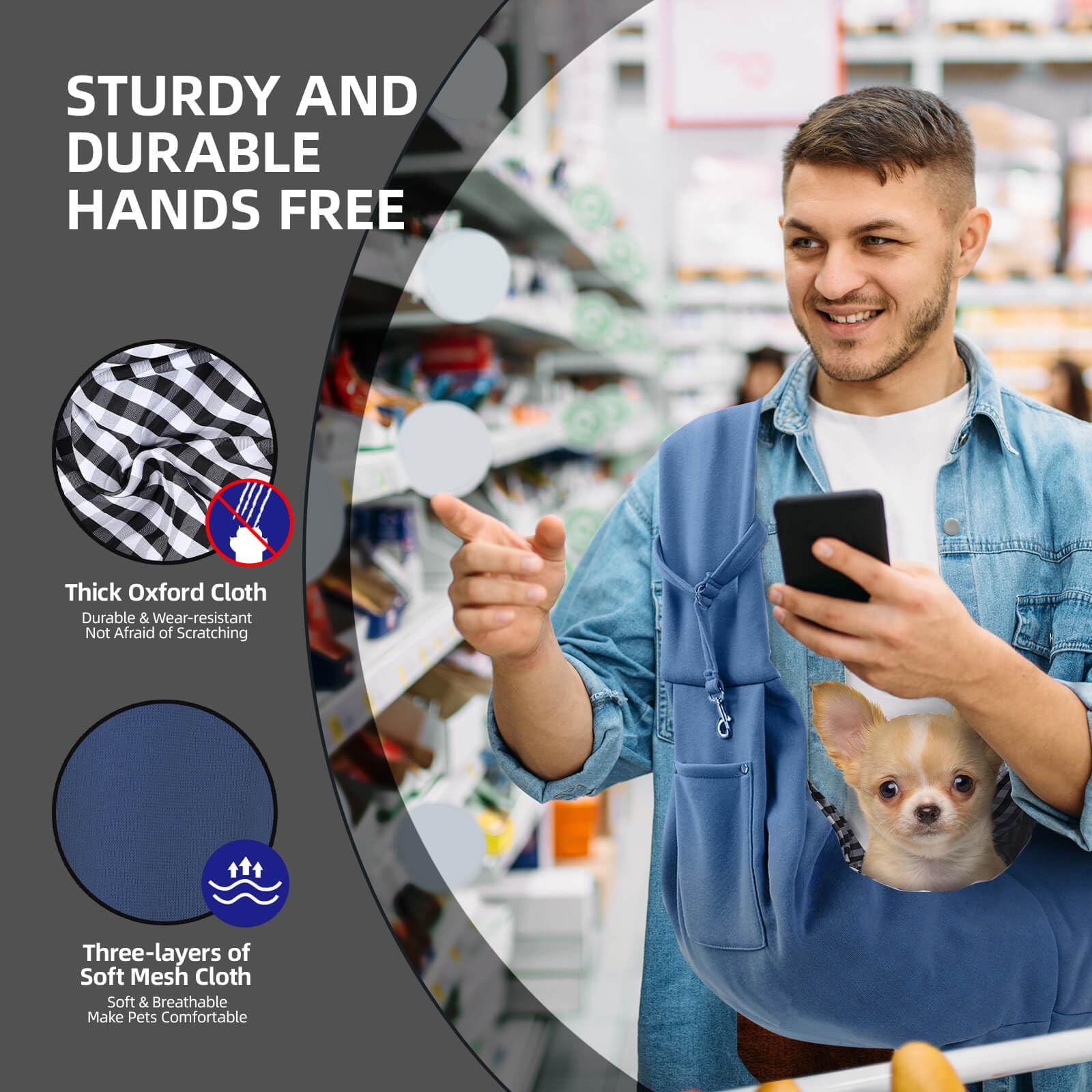 ARZQUT machine washable dog sling blue for easy cleanup after adventures.