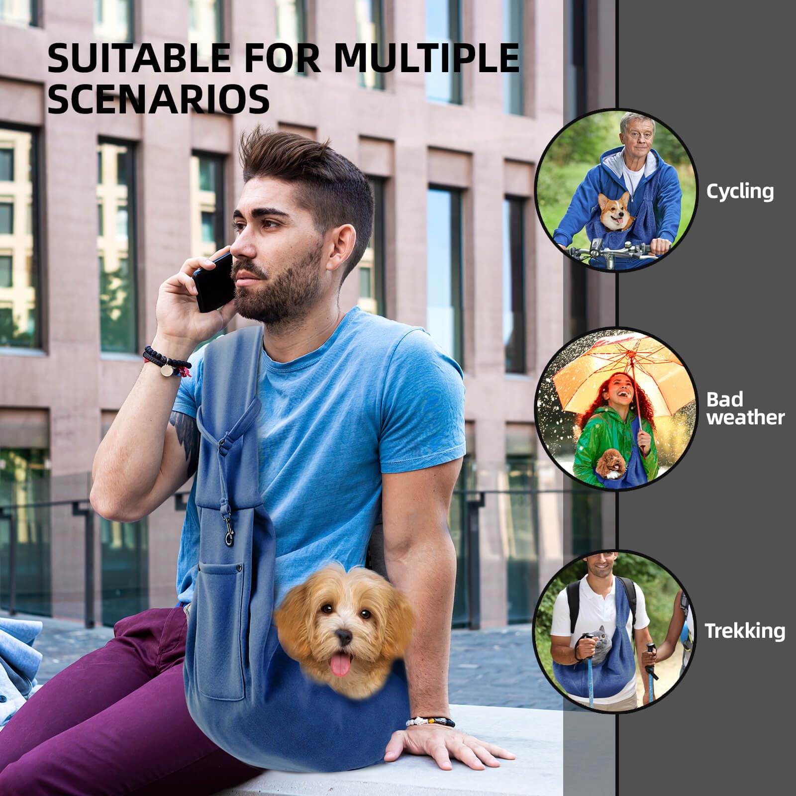 ARZQUT Dog Carrier Sling blue with on-strap pocket for essentials.