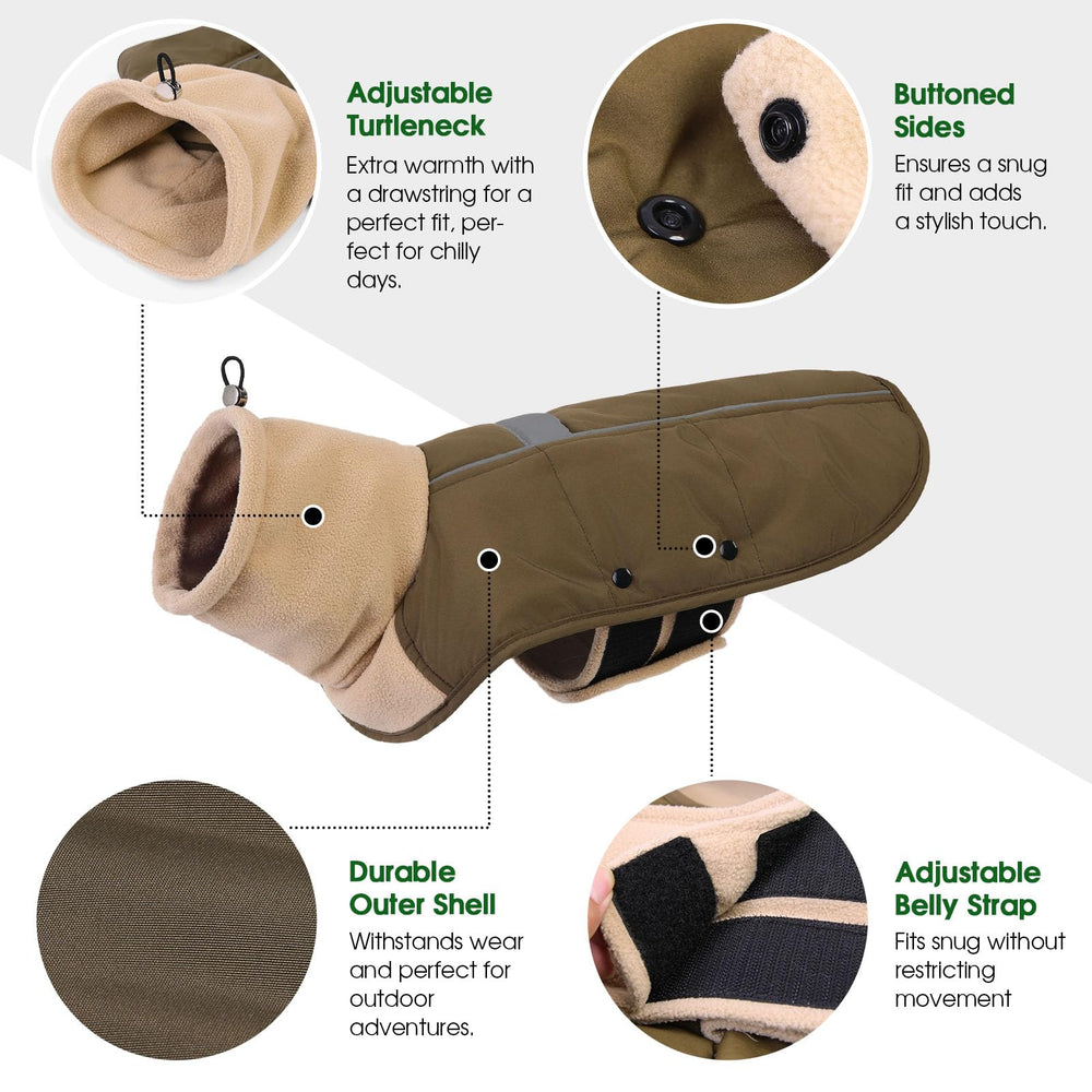 ASENKU dog jacket fleece turtleneck offers soft warmth for cold mornings.
