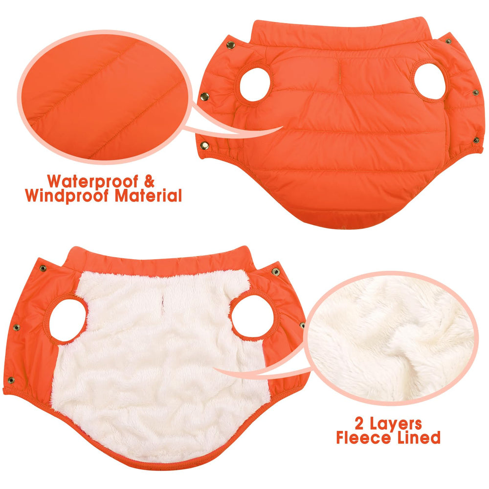 ASENKU dog winter coat four-snaps easy-on-off design for quick dressing.