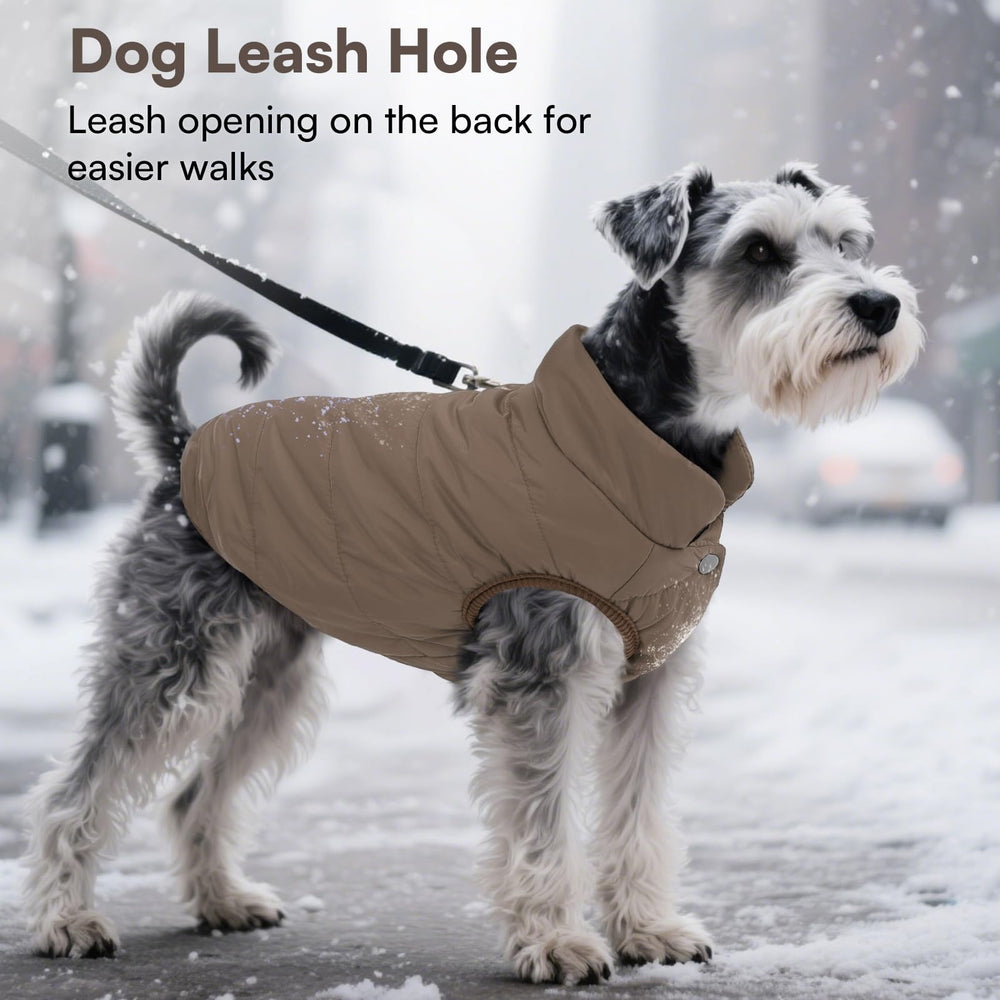 ASENKU dog winter coat coffee leash hole view illustrates easy leash use